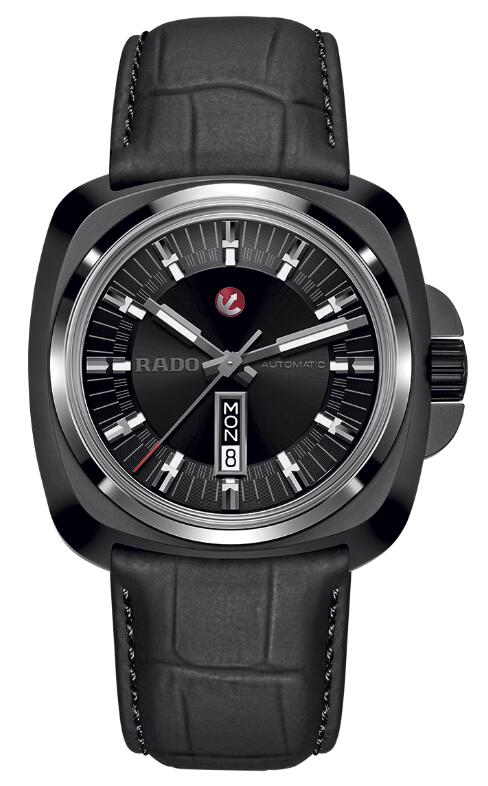 This black replica Rado watch adopted the high-tech ceramic material, presenting a cool design style.