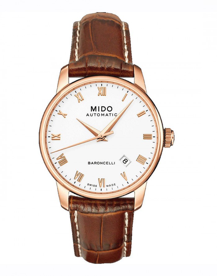 The perfect combination of gold and brown makes this white dial replica Mido watch legant and precious.